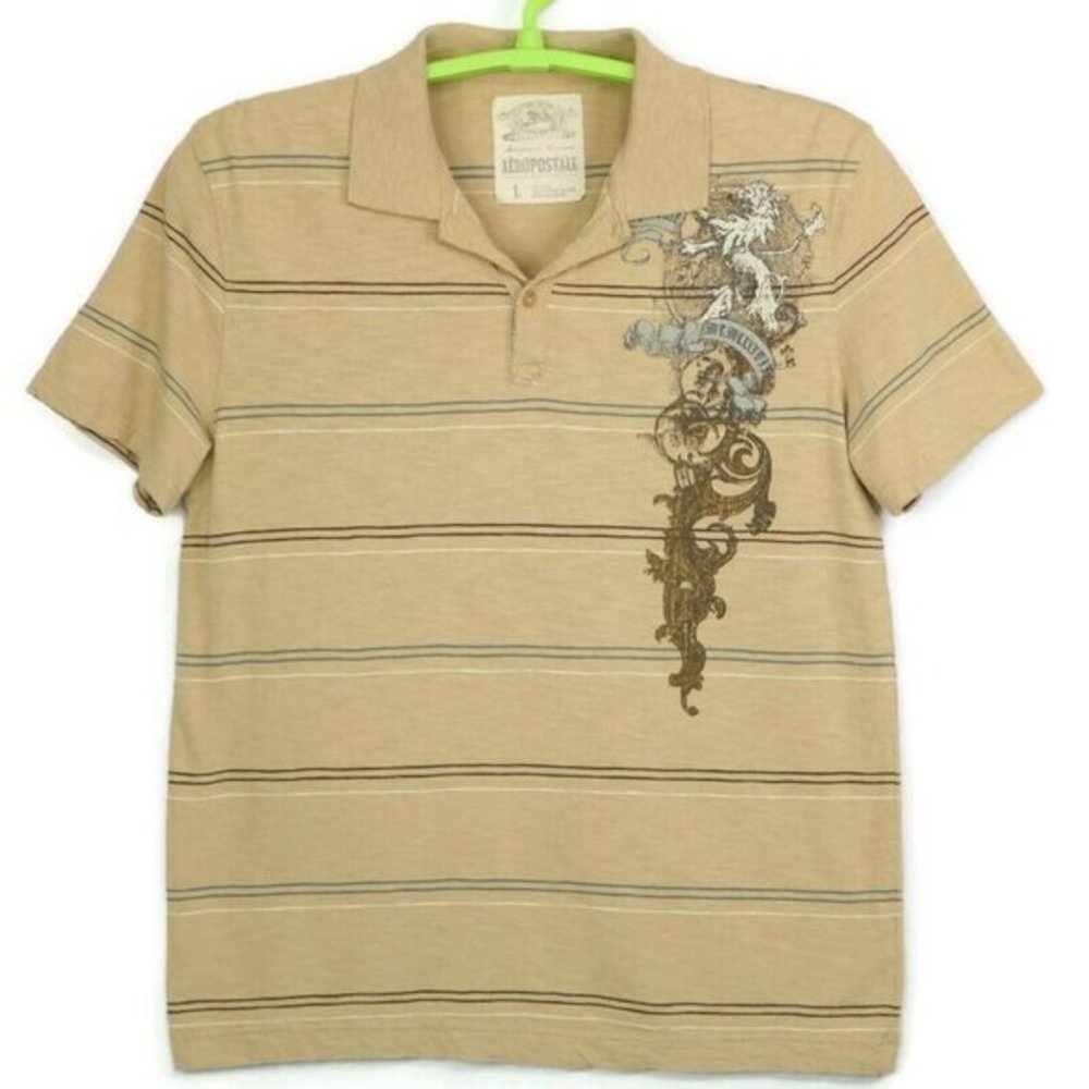 Aeropostale Compagnie Generale Polo‎ Shirt Beige Brown Tan Grey Striped L Large
